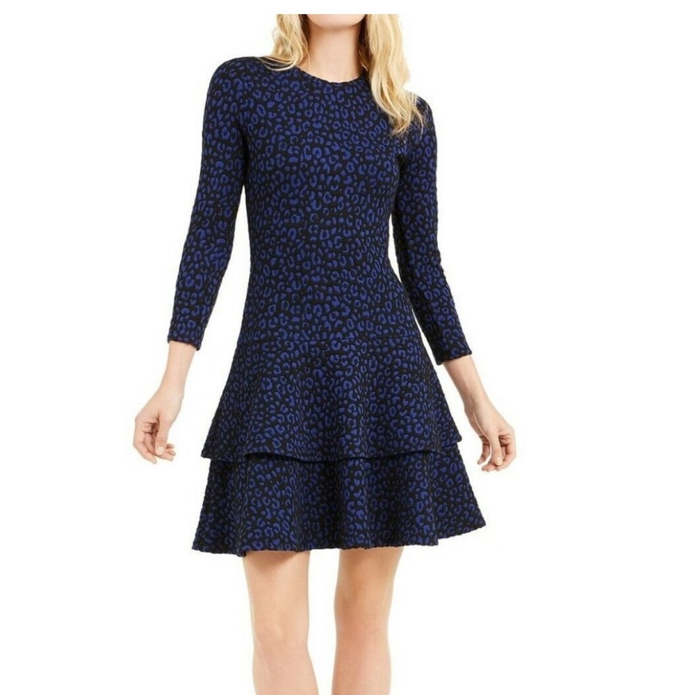 Michael Kors Flat Cat Jacquard Tiered Dress Black Twilight Blue